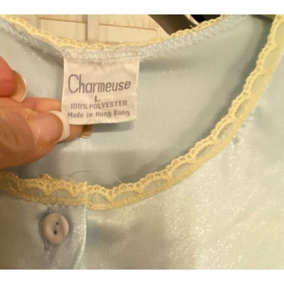 Charmeuse Satin & Lace Nightgown Baby Blue Sz.L Button Front - Picture 14 of 15